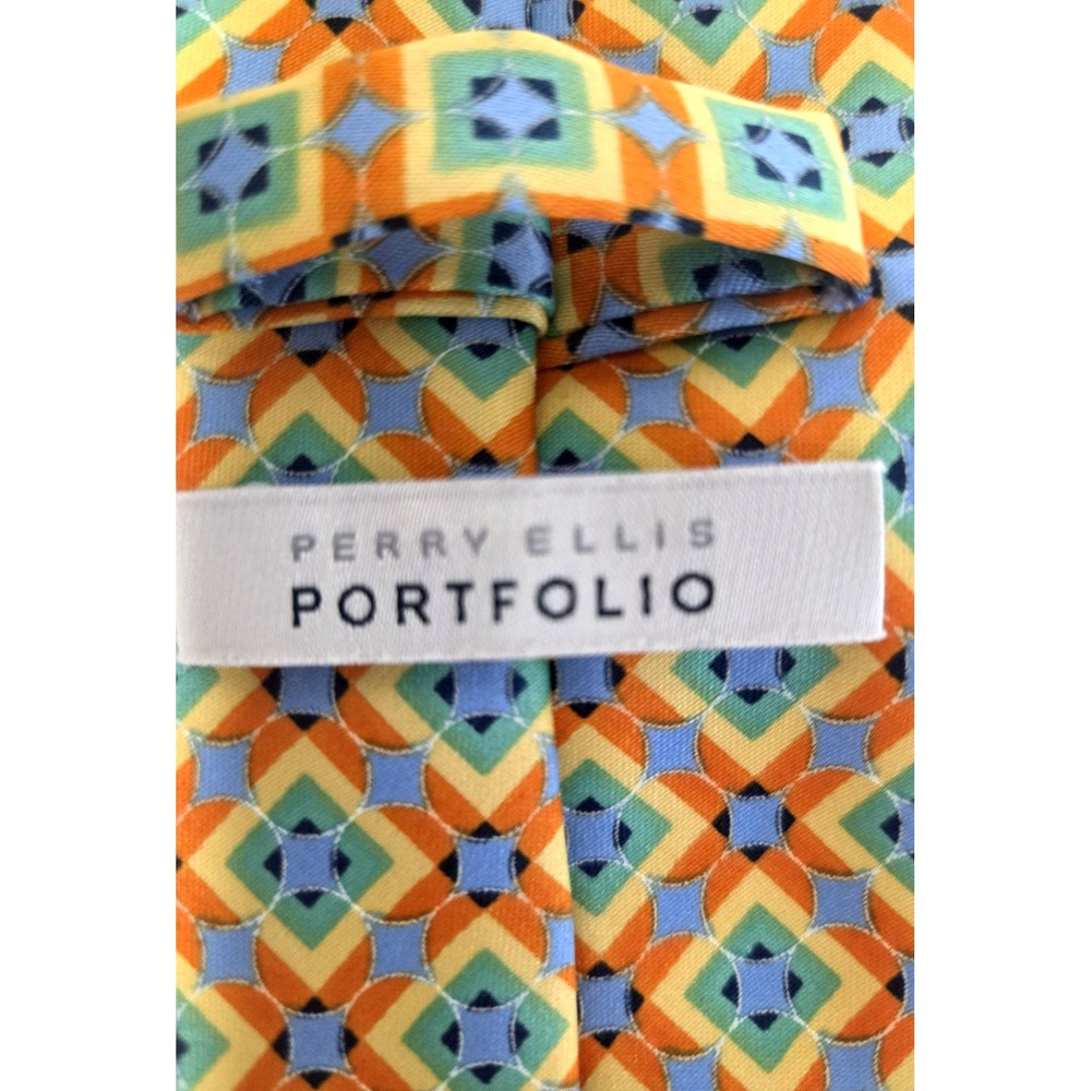 Perry Ellis Necktie Orange/Yellow/Blue/Mint Geometric Diamond Print Poly Tie - Picture 7 of 8
